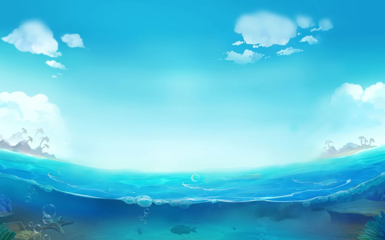 ฉากเกมยิงปลาใต้น้ำที่มีปลาและเอฟเฟกต์การยิง